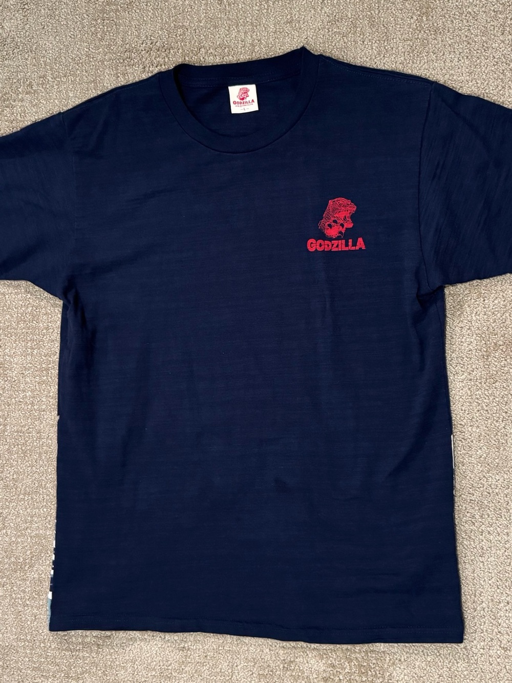 Navy Blue “Godzilla” Graphic T‑Shirt with Red Logo